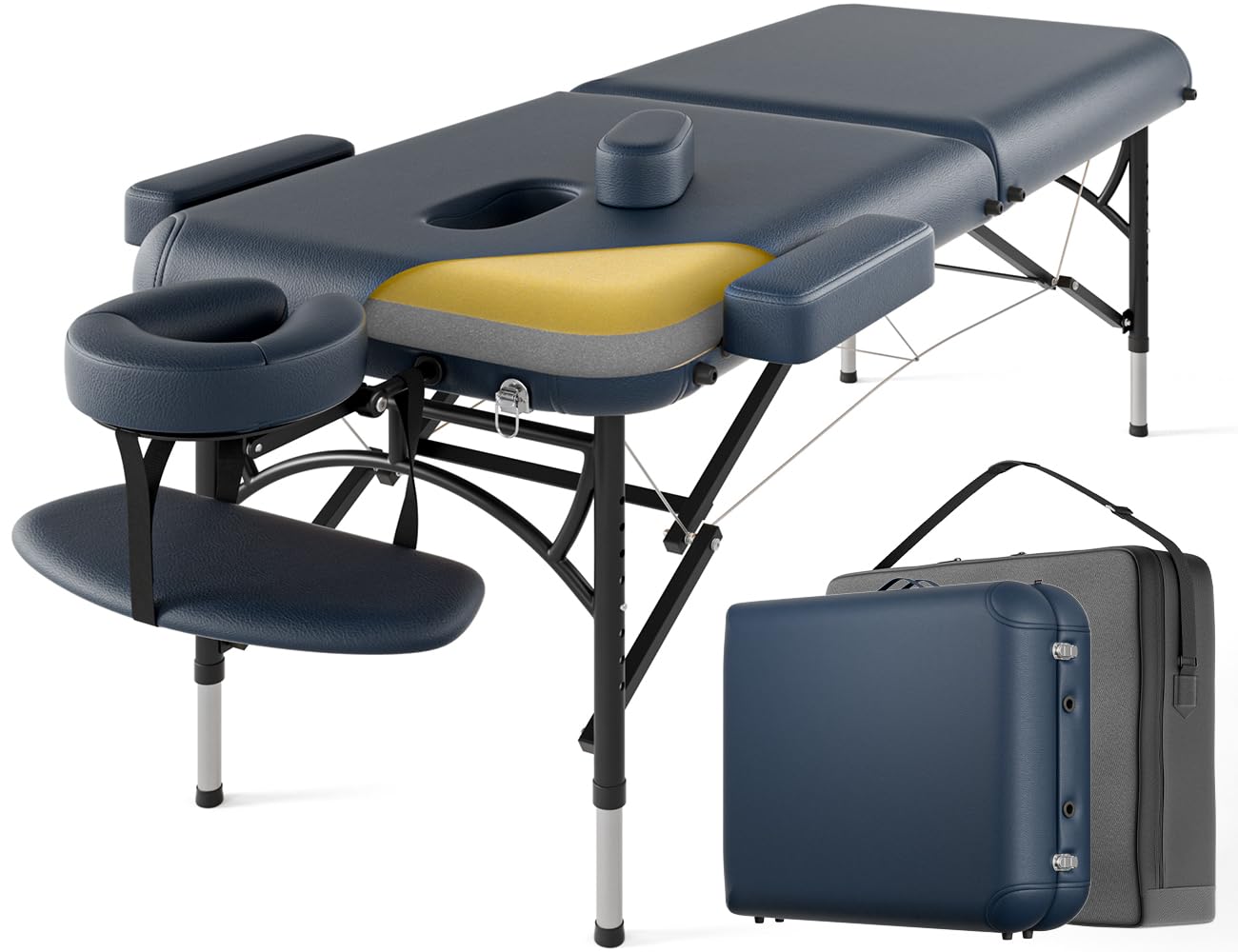 DOVANS Professional Massage Table Portable 2 Fold Premium Memory Foam Aluminium Leg Hold Up to 1100LBS 8 Heights Adjustable with Carrying Bag Blue