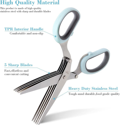 Herb Scissors with 5 Blades and Cover, Premium Kitchen Scissors for Food Vegetable, Stainless Steel Kitchen Shears