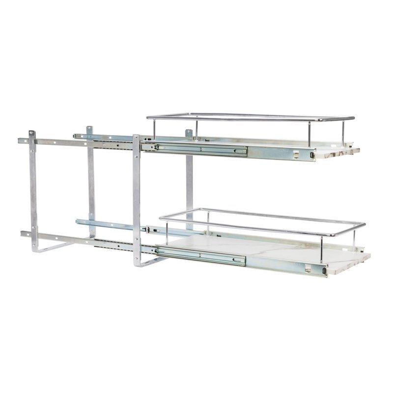 Household Essentials Glidez Chrome-Plated Steel and Faux Marble 2-Tier Pull-Out/Slide-Out Storage Organizer, 11.25" Wide, White and Chrome