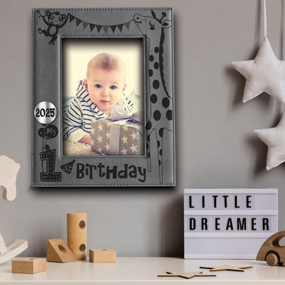 BELLA BUSTA My First Birthday Picture Frame, Engraved Leather Frame for Baby's First Birthday (5 x 7 Vertical)