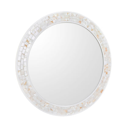 DUQIMO Mosaic Mirrors for Wall 30 Inch, Natural Mother of Pearl Inlay White Framed Round Mirror for Bathroom, Bedroom or Entryway