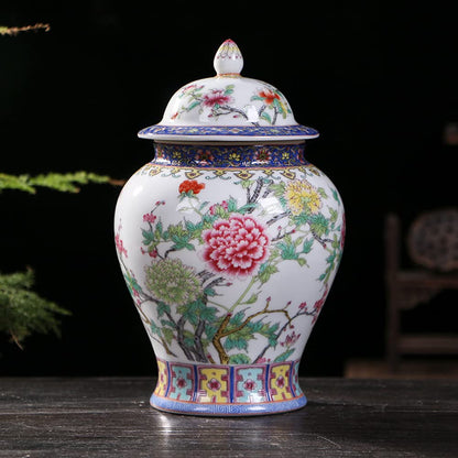 Ceramic Jar with Lid for Home Decor Traditional Chinese Flowers and Birdstemple Handcrafted Porcelain Vase