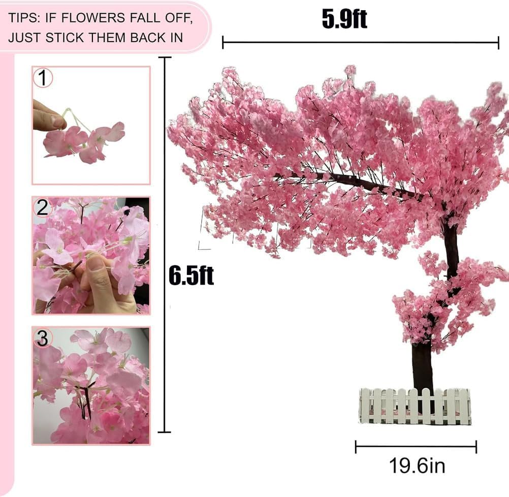 Artificial Cherry Blossom Tree Lifelike Non-Fading Japanese Faux Cherry Tree Cloth Plastic Suitable For Indoor Outdoor Home Decor Hotels Parks Offices Commercial Venues Seasonal Decoration,Pink,6.5ftX