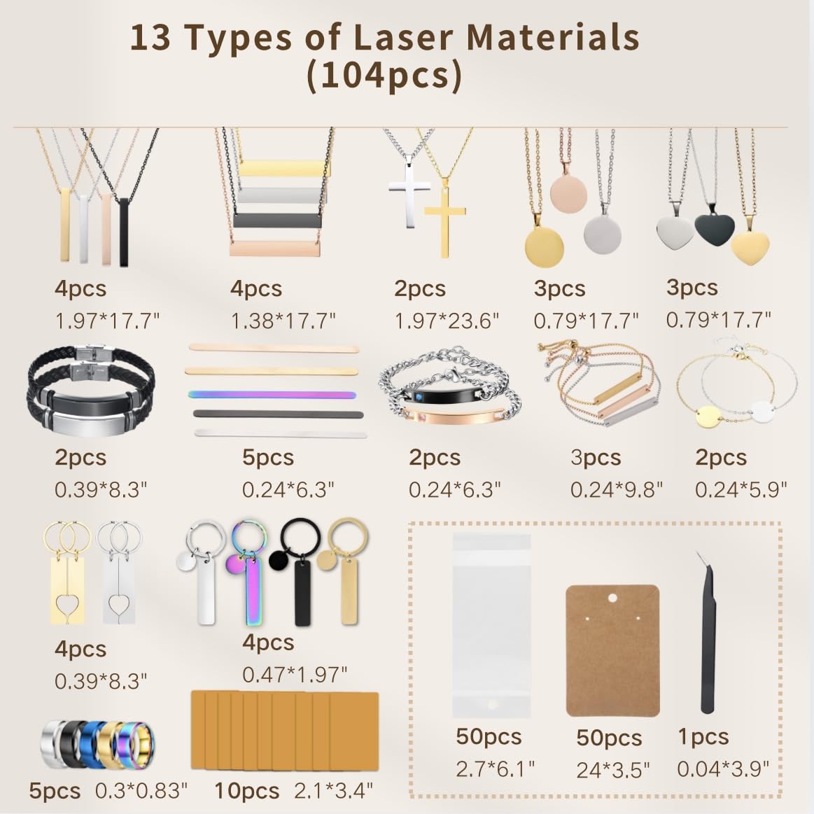 Mroy mio 104 PCS DIY Laser Engraving Kit, 13 Types Stainless Steel Blank Jewelry Making Set for Personalized Gifts, Heart Necklace, Ring, Bracelet for Couples, Friends, Beginners