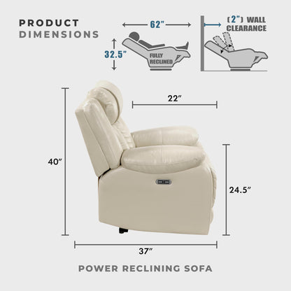Lexicon Wall Hugger Power Double Reclining Sofa with Center Drop-Down Table, Faux Leather Home Theater Seating with LED Lighting/USB Charging Ports/Wireless Charger/Cup Holders, Magazine Pocket, Beige