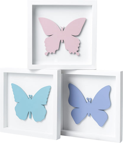 3D Set 3 (7x7) Tide and Tales Butterfly Room Decor for Girls, of Framed Wooden Wall Art for Nursery, Nature-Inspired