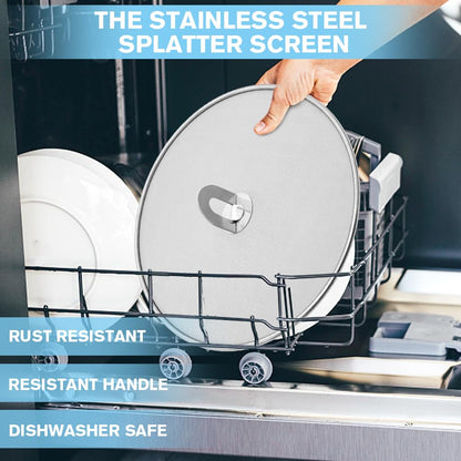 PLACHIDAY Splatter Screen for Cooking - Stainless Steel Grease Splatter Guard for Frying Pan with Foldable Knob, As a Strainer Set of 3(10", 11.5", 13"), Dishwasher Safe