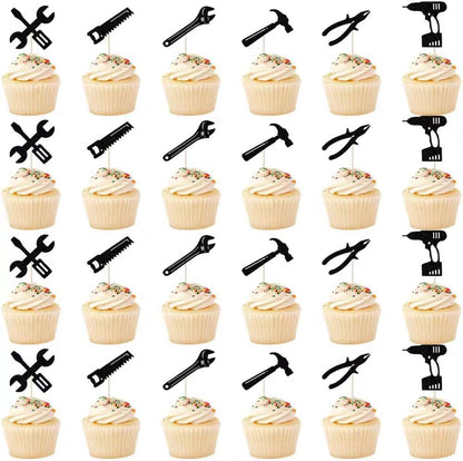 24PCS Tools Cupcake Topper, Construction Tools Cake Decorating for Boys & Men Birthday Party