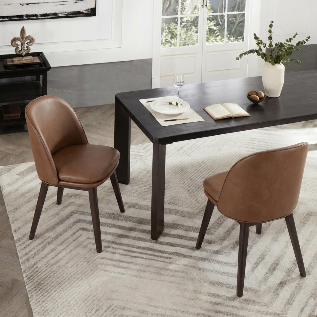 KISLOT Wooden Dining Chairs Set of 4, Faux Leather Upholstered Modern Dining Room Chairs with Double-Layer Thick Seat Cushion & Ergonomic Backrest for Restaurant, Kitchen and Café, Brown, 2 Boxs