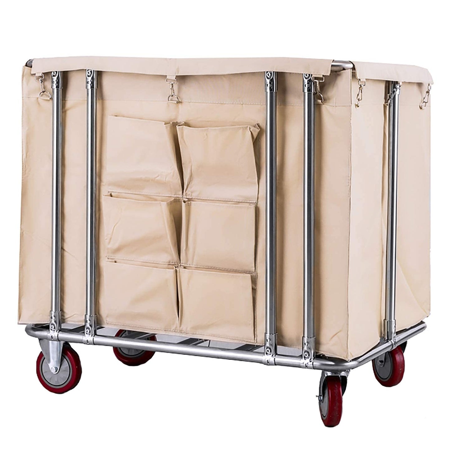 WANGKENSU Commercial Heavy Duty Large Laundry Hamper Sorter Cart with 6 Cloth Bag & 5 Inch Wheels, Stainless Steel & Oxford Cloth, Max Load 150kg (Blue) (Beige)