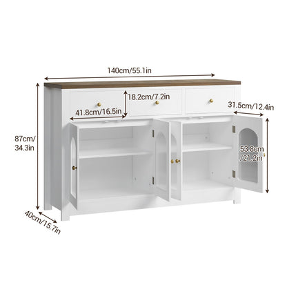Farmhouse Large Buffet Sideboard Cabinet with 4 Doors & 3 Drawers, Kitchen Cabinet Display Cabinet with Adjustable Shelf, Wine Buffet Cabinet with Storage for Dining Room, Living Room, White