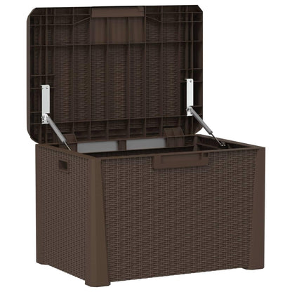 Kalmrek Patio Storage Box Brown 33 gal Polypropylene Resin Wicker Garden Deck Porch Outdoor Storage Chest Bench with Lockable Lid and Gas-Lift Mechanism for Cushion Pillow Tool Organization