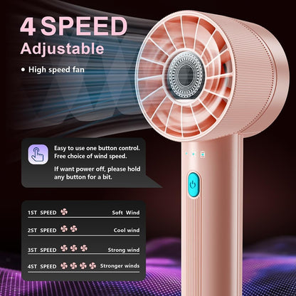 Portable Handheld Fan Rechargeable: Mini Personal Fan with 4 Speeds, USB 2600mAh Battery for Kids, Travel, Office