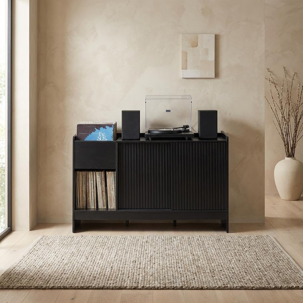 Furnifact Blue Record Player Cabinet with Vinyl Storage, Stylish Design, Durable Construction for Home Audio and Entertainment Centers
