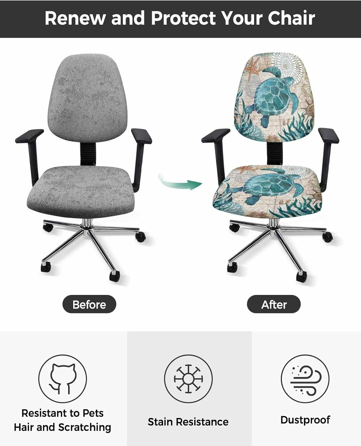 Vandarllin Sea Turtle Office Chair Cover, Stretchable Universal Nautical Themed Washable Slipcovers for Gaming Chair