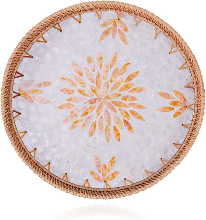 Nonam 100% 12" Shellac Rattan Tray with Mother of Pearl Inlay, Round Decorative Serving Tray for Home Dcor Coffee Table