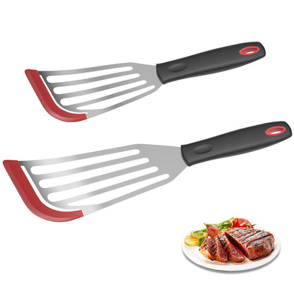 2Pack Silicone Fish Spatulas for Nonstick Cookware,Fish Turner Spatula Stainless Steel with Heat Resistant Silicone Edge,Metal Slotted Spatula for Flipping Fish Egg Patties Fries Pancake Steak (Red)