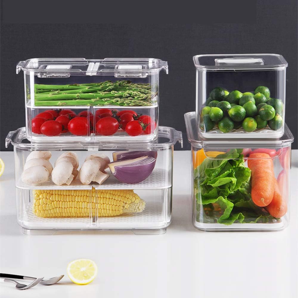 SANNO Refrigerator Food Storage Containers - Stackable Bin Organizer with Vented Lids and Removable Drain Tray