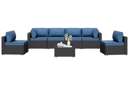 7 Pieces Outdoor Patio Sectional Sofa Couch, Wicker Furniture Patio Conversation Sets with Washable Cushions & Coffee Table for Garden, Poolside, Backyard
