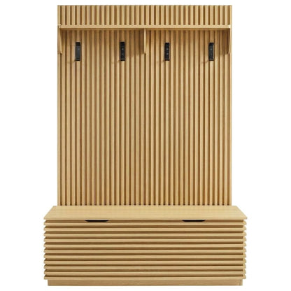 Furnifact Fluted-Panel Hall Tree with Storage Bench and Coat Rack, Entryway Bench with Hooks and Shoe Storage for Mudroom or Foyer, Oak