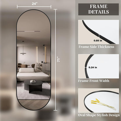 TheiaMo Oval Full Length Mirror, 71"×24" Wall-Mounted Floor Mirror with Metal Frame, Ultra-Clear Explosion-Proof Dressing Mirror, Simple and Classic Deco for Cloakroom/Bedroom/Living Room, Black