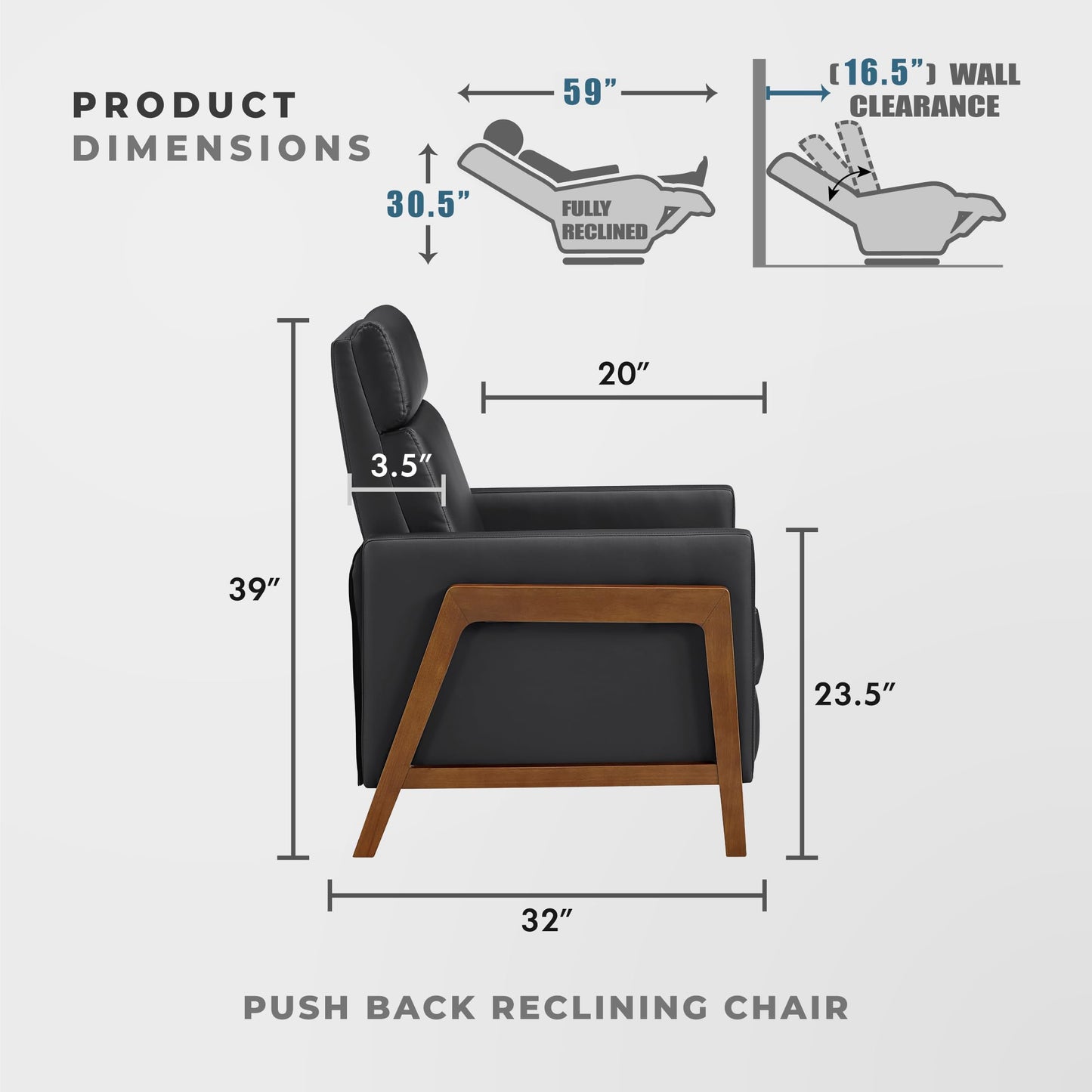 Lexicon Push Back Recliner Chair, Faux Leather Upholstered Reclining Chair with Footrest, Exposed Dark Brown Finish Wood Frame, Small Recliner for Small Space, Living Room, Bedroom, Black