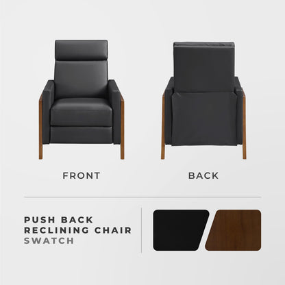 Lexicon Push Back Recliner Chair, Faux Leather Upholstered Reclining Chair with Footrest, Exposed Dark Brown Finish Wood Frame, Small Recliner for Small Space, Living Room, Bedroom, Black