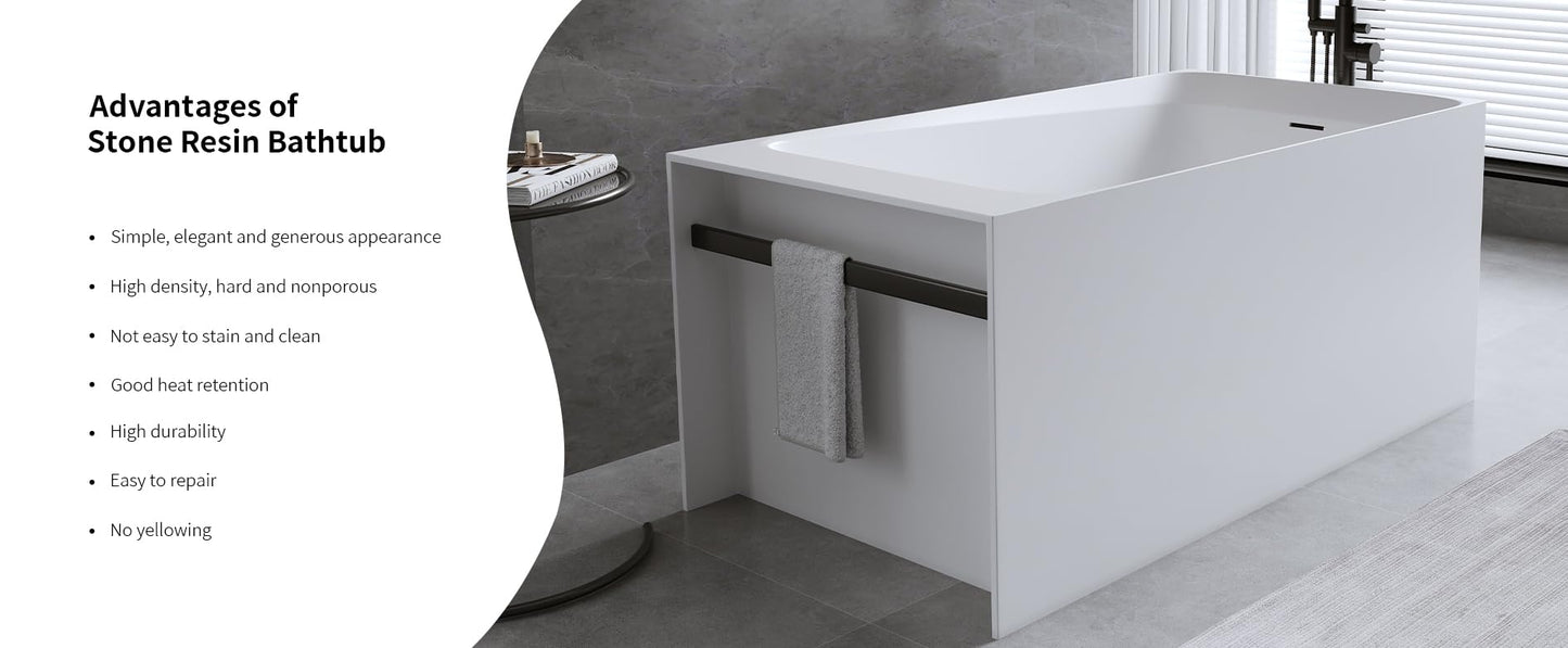 GDFStudio 51" Solid Surface Freestanding Bathtub, Matte White Resin Stone Soaking Tub with Overflow and Pop-Up Drain, Anti-Slip Stand Alone Deep Soaker Tub for Modern Bathroom Spa Relaxation
