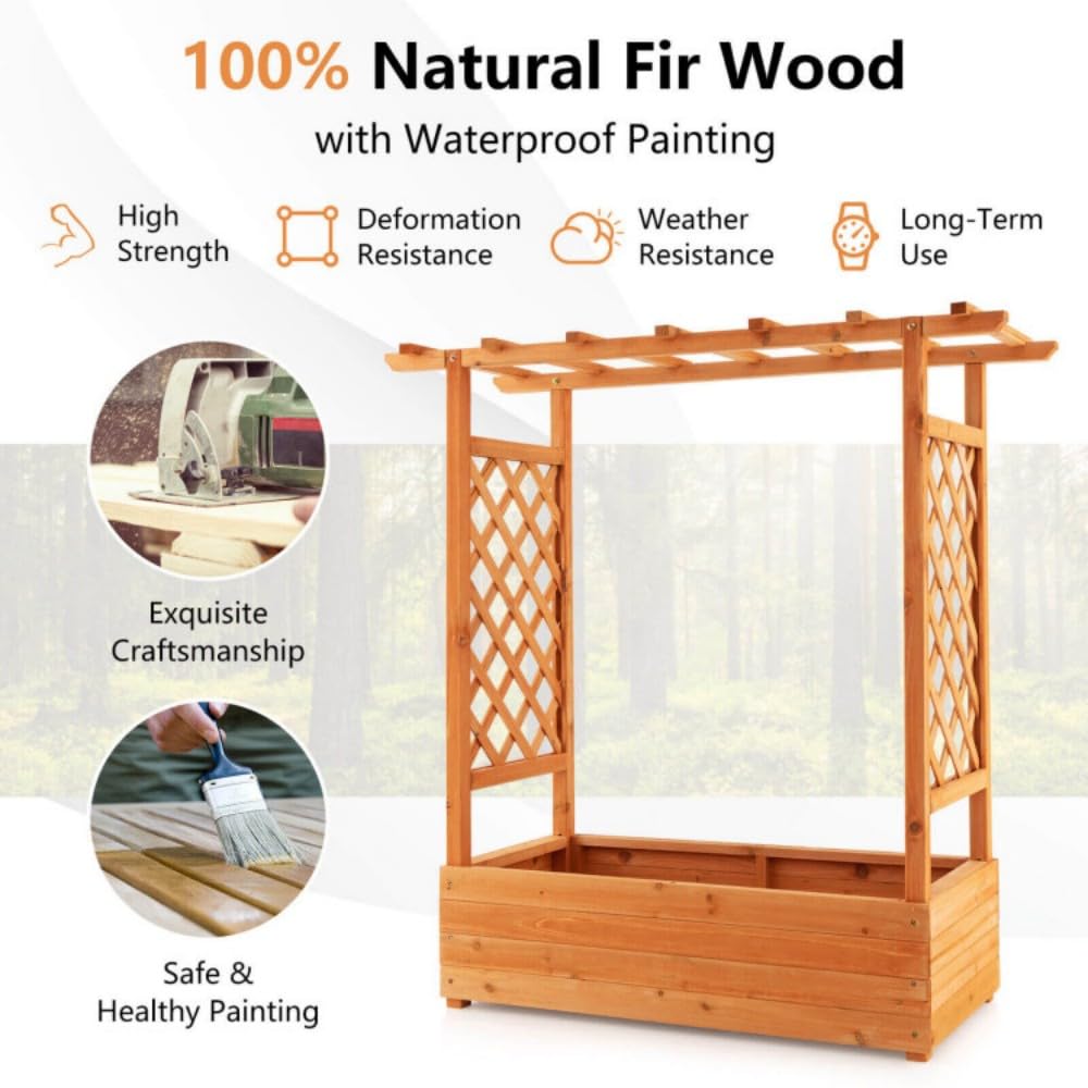 Wooden Raised Garden Bed Planter, Outdoor Planter Box with Trellis, Cedar Garden Planter with Climbing Frame, Patio Vertical Plant Growing Bed, Decorative Outdoor Plant Support Box