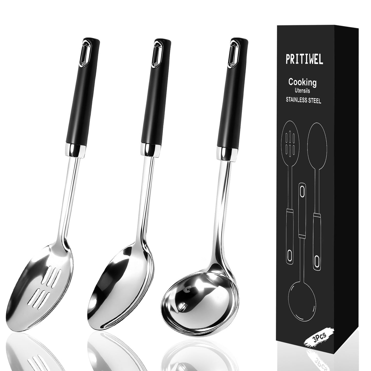 12" Stainless Steel Cooking Spoons Set & Serving Spoons Set with Heat-Resistant Handle, Slotted Spoon, Solid Spoon & Soup Ladle Kitchen Utensils Set for Effortless Home and Commercial Use, 3 Pack