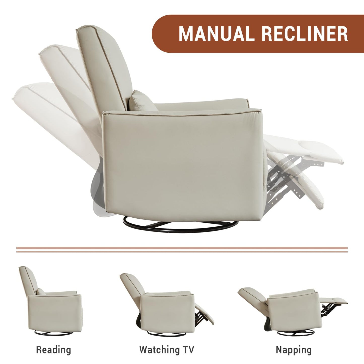 GarveeHome Recliner Chair, 360° Swivel Rocker Glider Nursery Chair with Padded Armrest and Deep Seat, PU Leather Upholstered Reclining Sofa Chair for Living Room, Bedroom and Nursery (White)