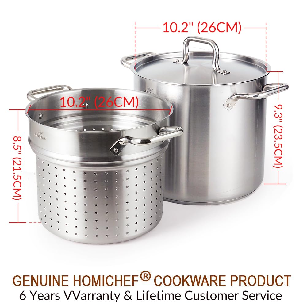 HOMICHEF 13 Quart Nickel Free Stainless Steel Pasta Pot With Strainer and Lid - Commercial Grade Stainless Steel Veggie Steam Baskets - Matte Polished 13 Quart Induction Steamer Pots Strainer Set