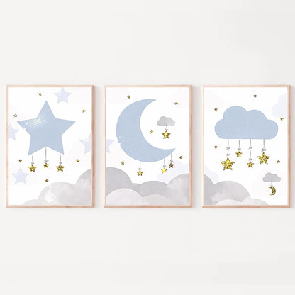 LUHDFYS Cartoon Moon and Stars Canvas Wall Art Print,Scandinavian Style Nursery Decor Poster,Blue Moon and Stars Wall