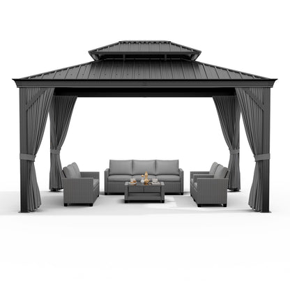 12'x16' Hardtop Gazebo, Heavy Duty Aluminum Permanent Hardtop Gazebo Outdoor Pavilion with Curtains and Netting for Garden