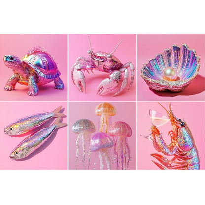 6 Pack Pink Diamond Art Kits for Adults,Disco Marine Animals Diamond Painting Kits for Adults Beginner,5D DIY Round Full Drill Gem Crystal Art,Adults Paint by Diamonds Dots for Home Wall Decor 12x12in
