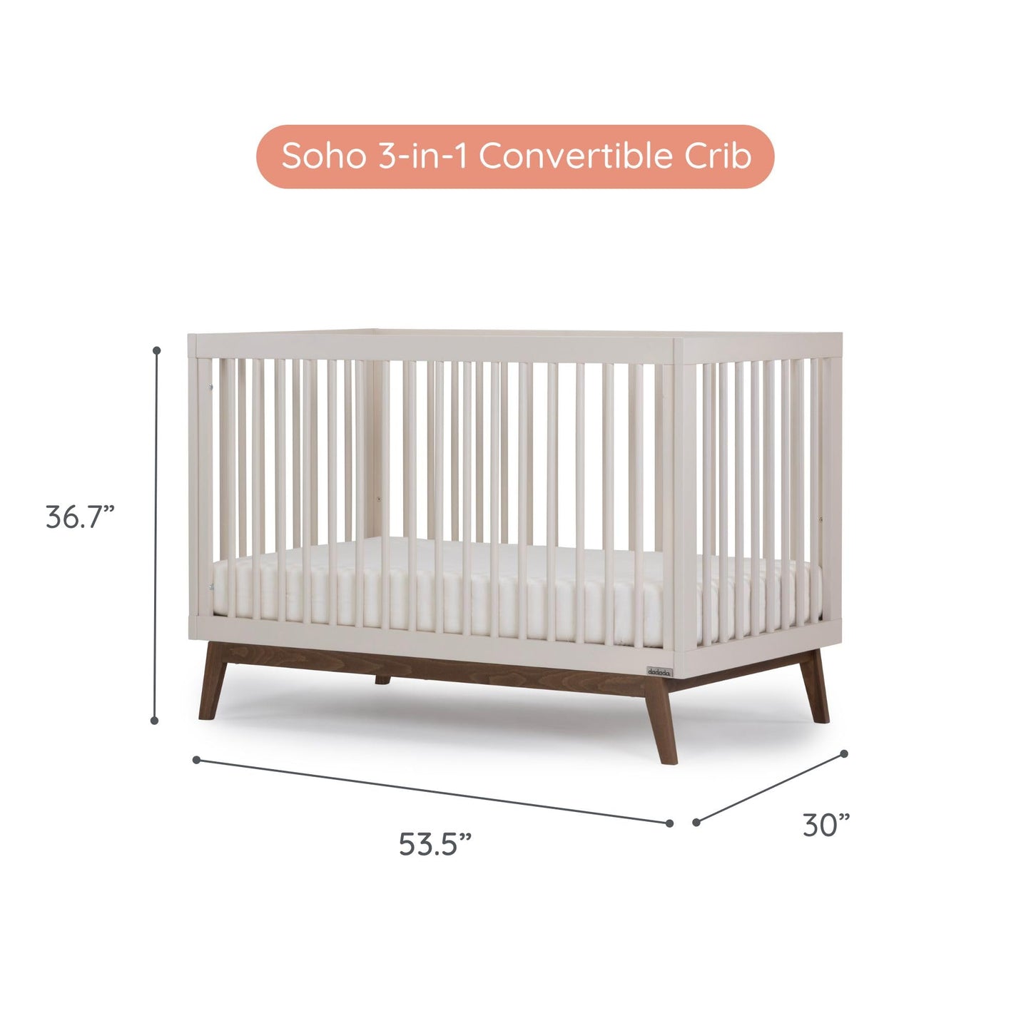 dadada Baby Soho 3-in-1 Convertible Wooden Crib to Toddler Bed - Made in Italy, GREENGUARD Gold Certified, Baby-Safe Finish, Handcrafted Beechwood, Modern Design, 3 Adjustable Heights (Almond Milk)