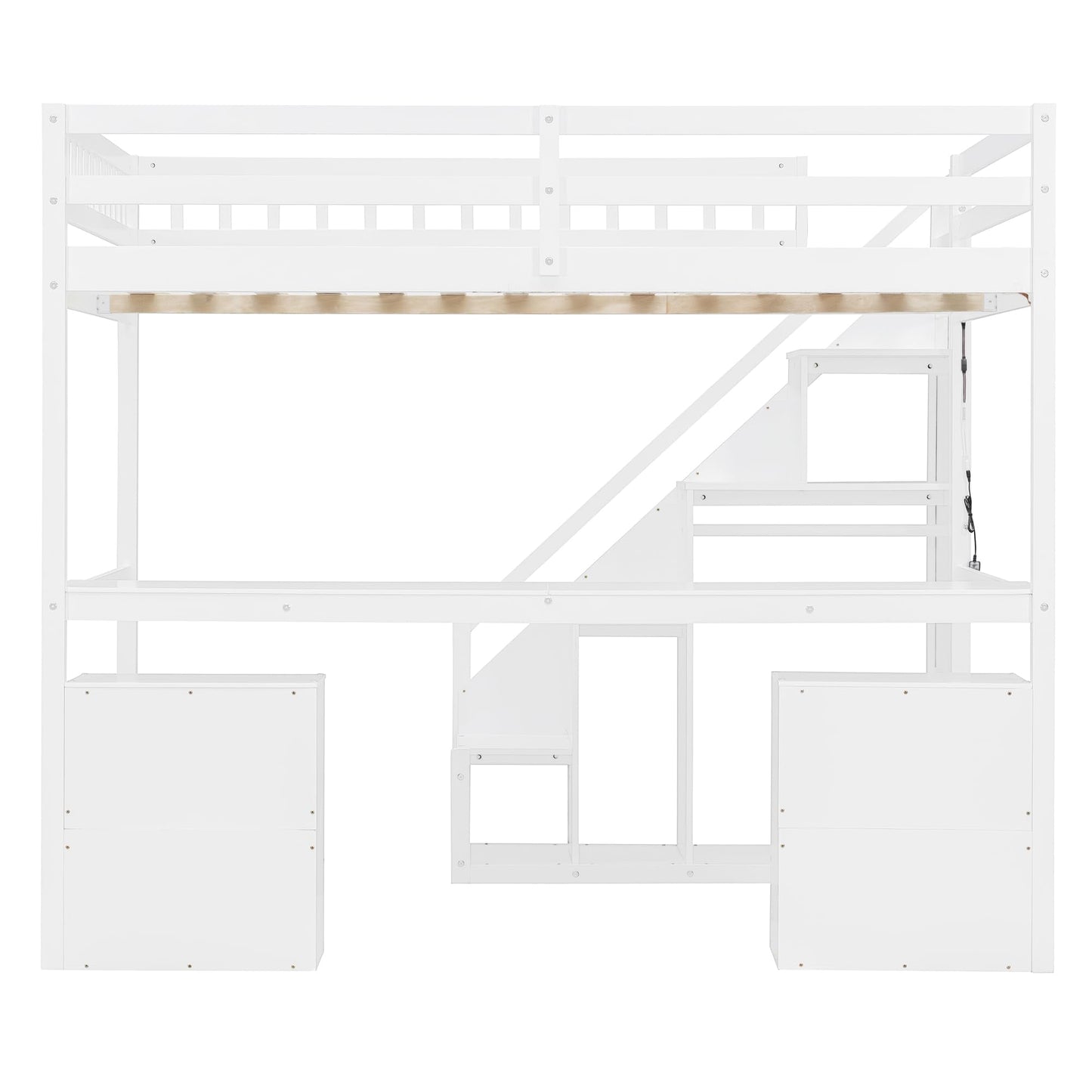 Merax Full Size Wood Loft Bed with Stairs, Built-in Desk, 2 Storage Drawers & Lights, Space Saving Bed for Teens, Adults, Study Loft Bed with Underbed Storage, White