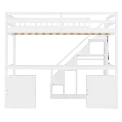 Merax Full Size Wood Loft Bed with Stairs, Built-in Desk, 2 Storage Drawers & Lights, Space Saving Bed for Teens, Adults, Study Loft Bed with Underbed Storage, White