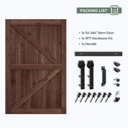 ROYMELO 54x84 inch Sliding Barn Wood Door Slab with 9ft Hardware Kit and Handle, Coffee, K Shape, Simple DIY Assembly
