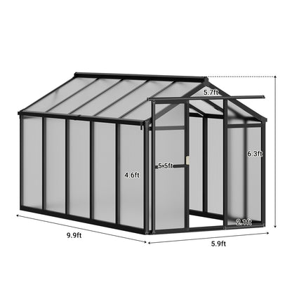 6x10 FT Greenhouse, Outdoor Sliding Door, Polycarbonate Greenhouse with Aluminum Frame, Lockable Door and Ajustable Roof Vent for Backyard, Outside Garden Backyard, Patio, Black
