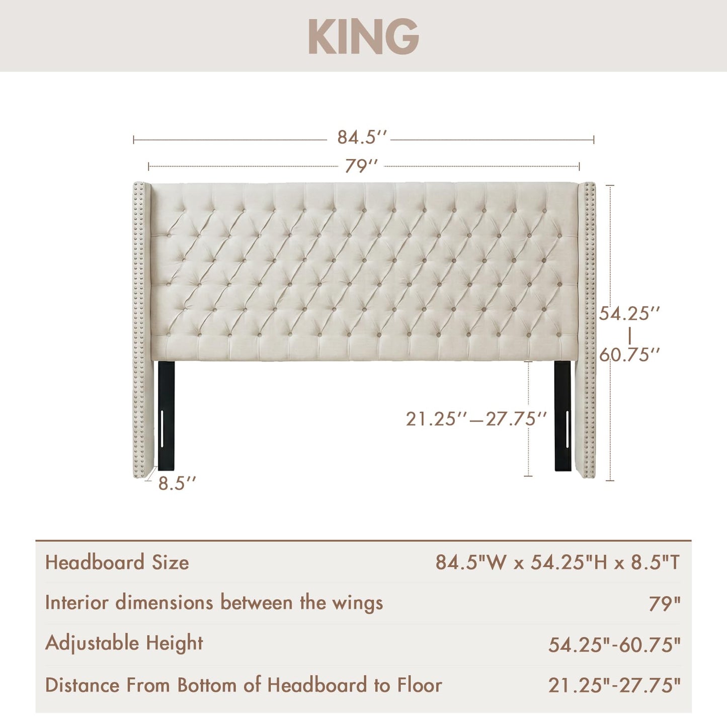 Madison Park Amelia Upholstered Headboard | Nail Head Trim Wingback Button Tufted | King, Cream