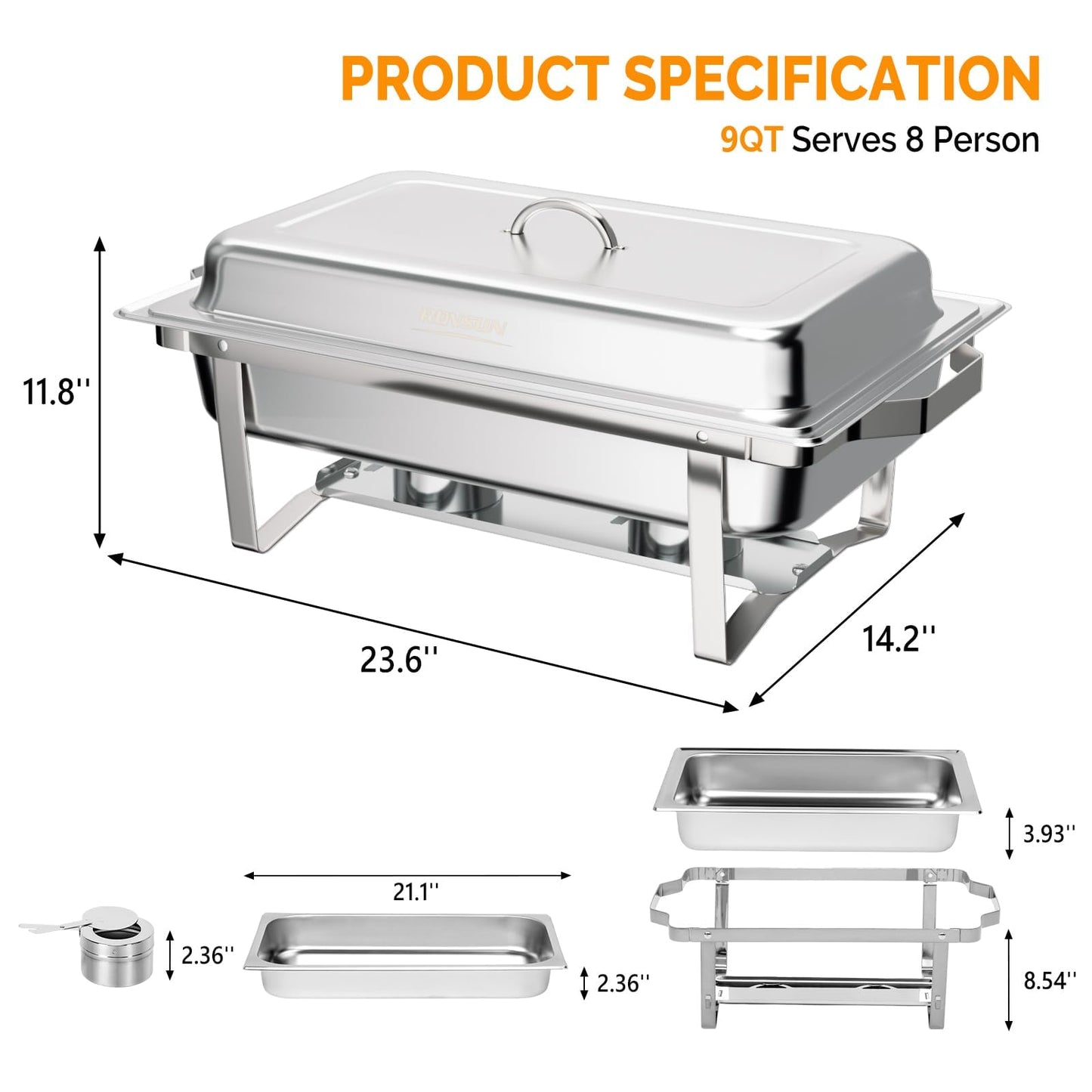 Bonnlo Chafing Dishes for Buffet, 8 Pack 9 QT Stainless Steel Chafing Dish Set, Food Warmers for Parties, Safe Rolled Edges, Dual Hooks, Stackable for Catering, Weddings