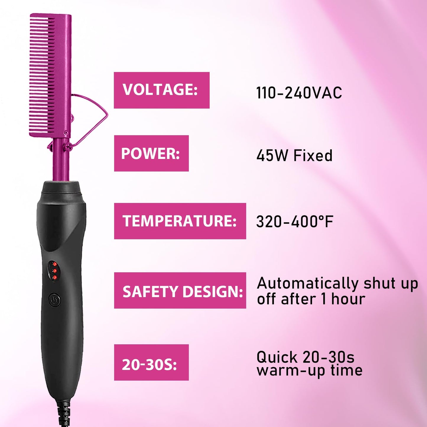 Goiple Electric Hot Comb Pink Hair Straightener Electrical Straightening Comb Curling Iron for Natural Black Hair Wigs with Wide Tooth/Rat Tail Comb, Wax Stick, Wig Cap, Edge Band, Hair Clips
