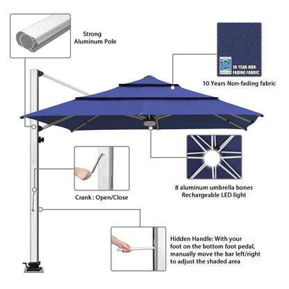EliteShade USA APOLLO 3-Tier 10x10FT Full Aluminum Cantilever Patio Umbrella for Outdoor Restaurant Garden Courtyard Deck Pool and Marketing with Light (No battery), Navy Blue