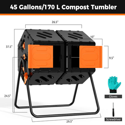 Cozurra 45 Gallon (170L) Compost Tumbler Outdoor, Dual Chamber Compost Bin with 360° Rotating Design, Adjustable Vents, Easy Assembly, Large Openings for Kitchen, Garden & Yard Waste