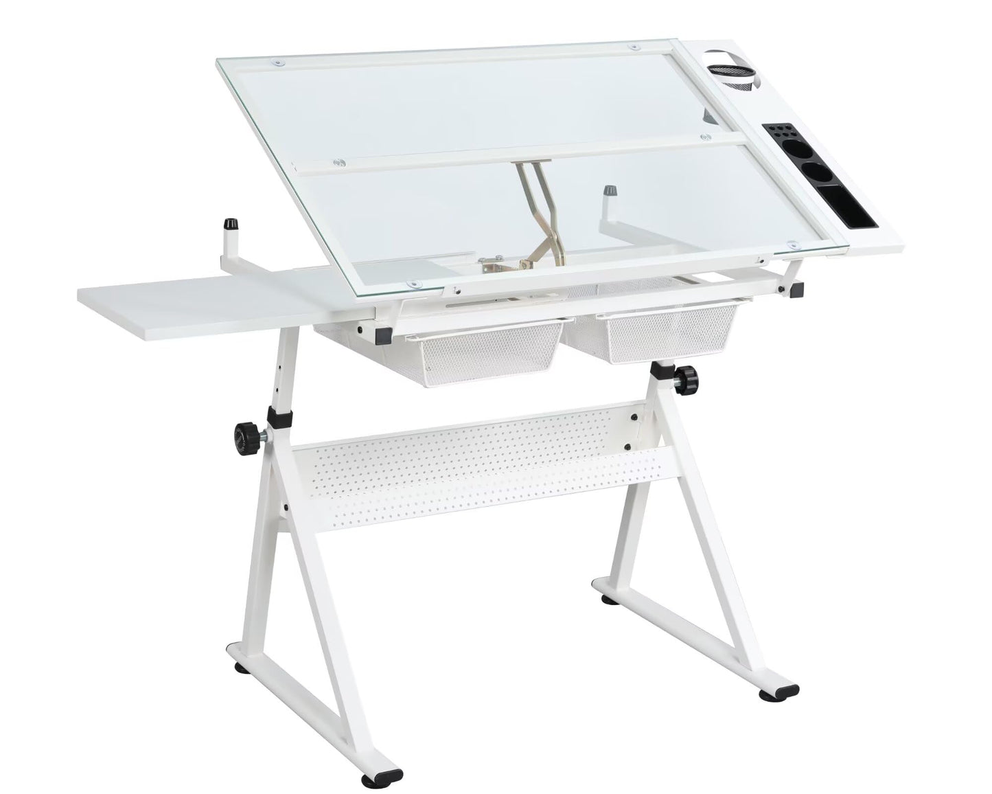 Adjustable Tempered Glass Drafting Table with Chair,Ergonomic Tilting (0-75°) & Height-Adjustable (31.5"-49.5"),Anti-Slip Feet,Storage Drawers for Drawing,Painting,Office Work,Artists,Designers,White