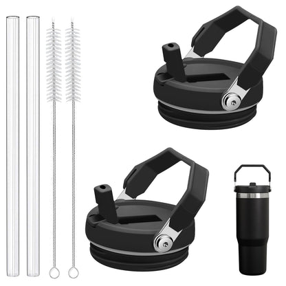 2-Pack Replacement Flip Straw Lids for Stanley IceFlow Tumbler 30oz and 20oz, Spill-Proof Cap with 2 Reusable Straws & 2 Cleaning Brushes, BPA-Free, Easy to Clean(Black)