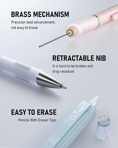 Nicpro 3PCS Cute Mechanical Pencil Set with Case, 0.7 mm Pencils with 6 Tube HB Lead Refill, 3PCS Eraser, 9PCS Eraser Refill for School Supplies Kid Student Writing, Drafting Drawing Sketching
