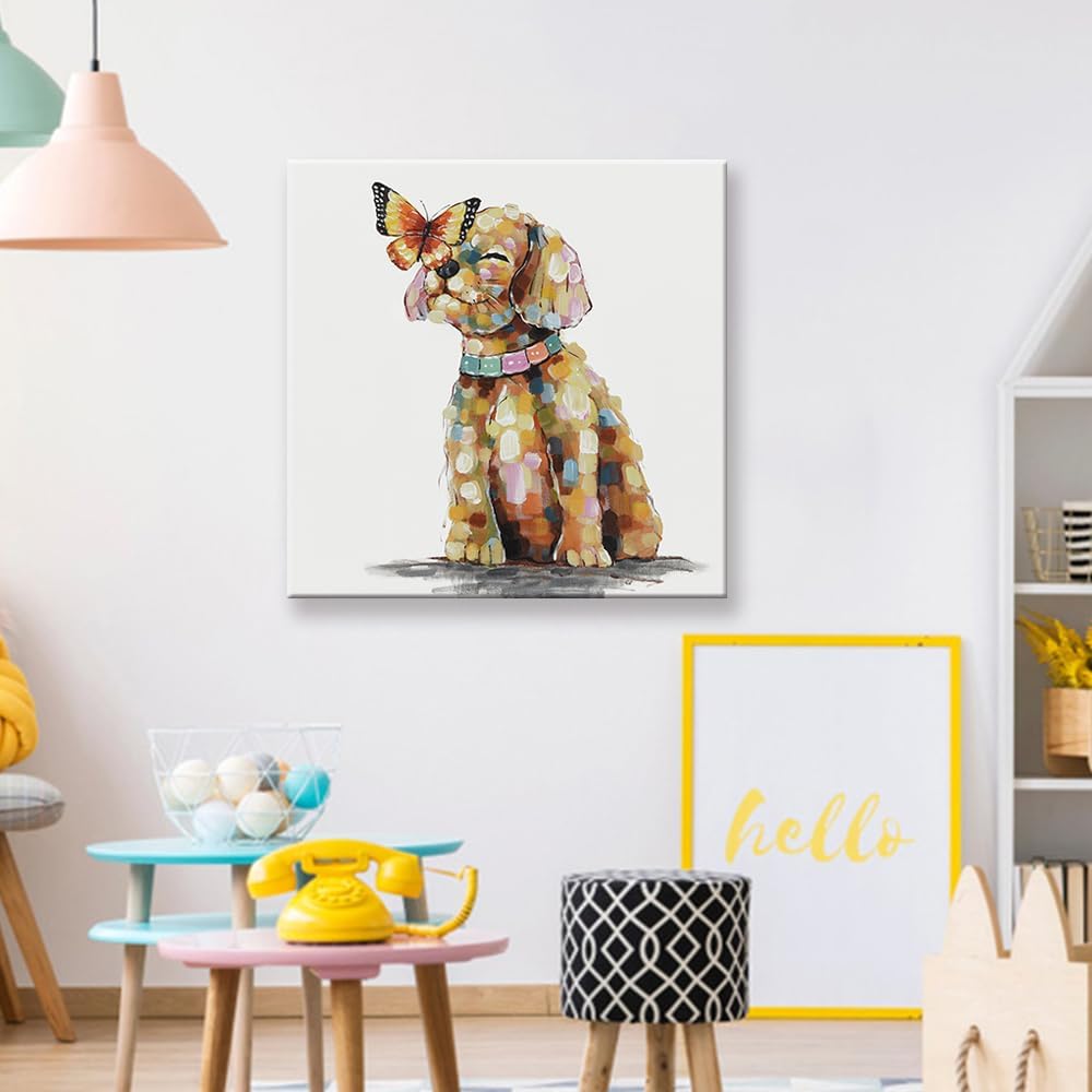 24"x24" SEVEN WALL ARTS Dog Canvas Wall Art Colorful Animal Picture Pet Puppy Butterfly Alighted on Dog Paintings