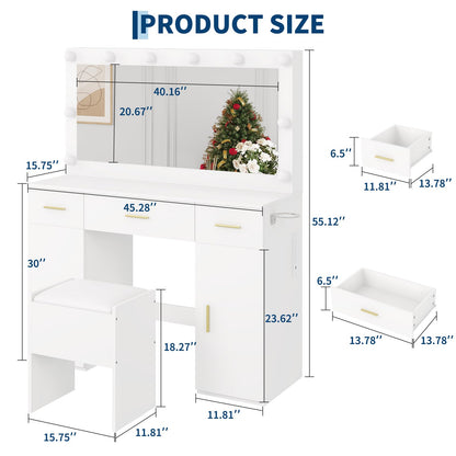 IDEALHOUSE Makeup Vanity Desk with Mirror and Lights, Modern White Vanity Table with Drawers, Charging Station & Storage Stool, Wood Make Up Vanity Set for Bedroom Apartment
